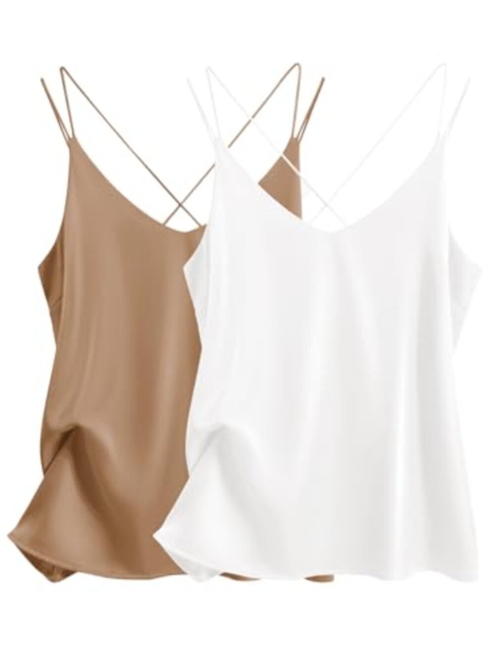 Silk Satin Camisole Tank Top V Neck Cross Back Spaghetti Strap 2 Pack